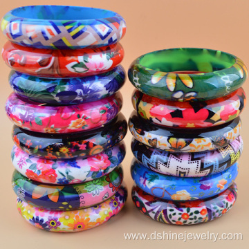 Hard Wide Wholesale Colorful Flower Printed Plastic Bangles